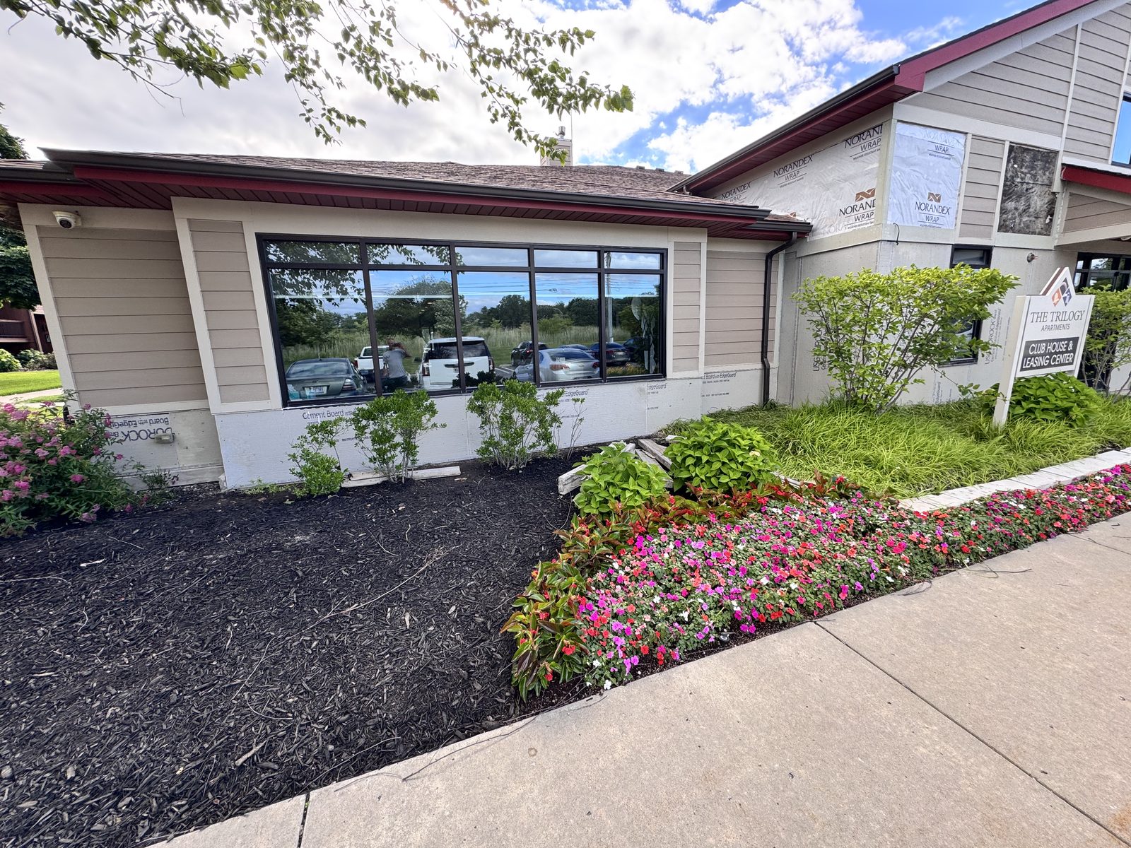 Completed commercial building exterior with new landscaping